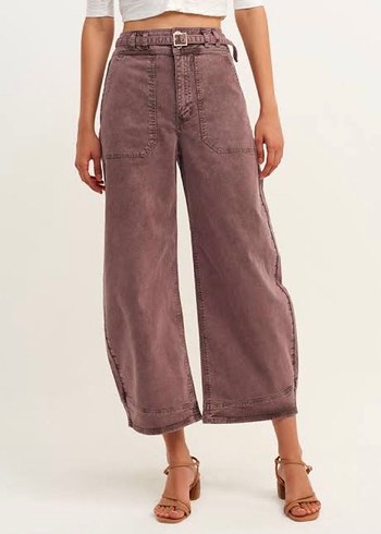 Kadın Bej Batik Desen Kemerli Boyfriend Pantolon - Görsel 2