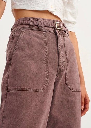 Kadın Bej Batik Desen Kemerli Boyfriend Pantolon - Görsel 3