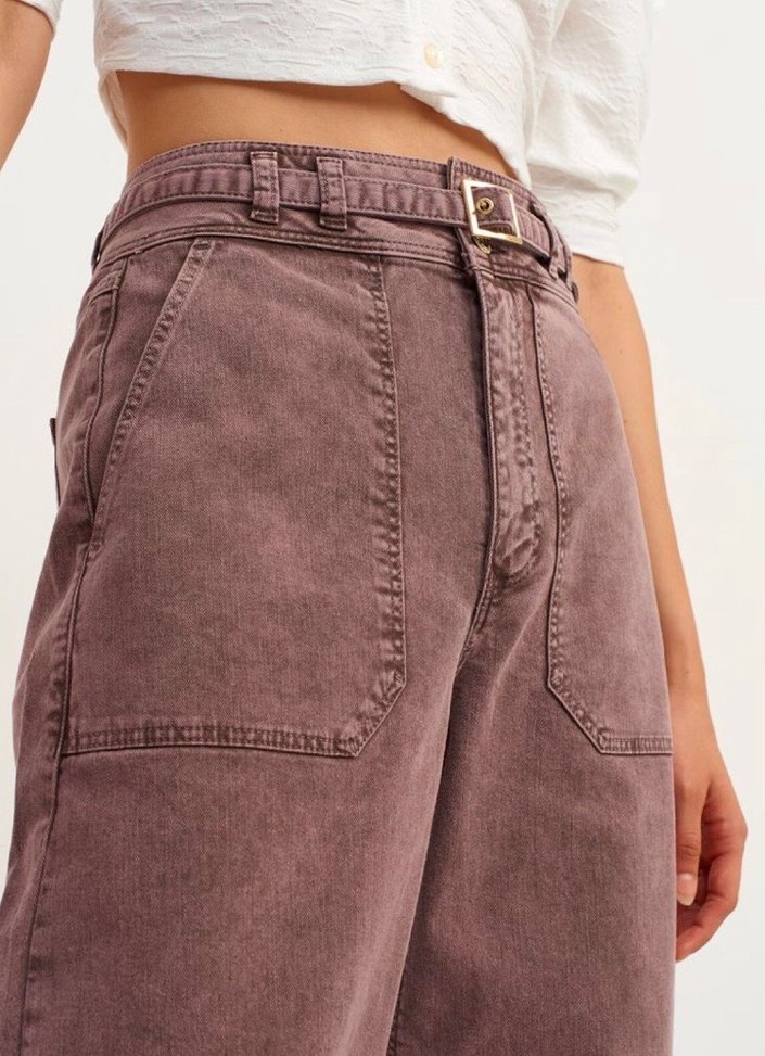 Kadın Bej Batik Desen Kemerli Boyfriend Pantolon - Görsel 3