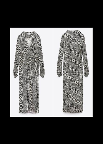 Zebra Desenli Uzun V Yakalı Drapeli Elbise - Görsel 4