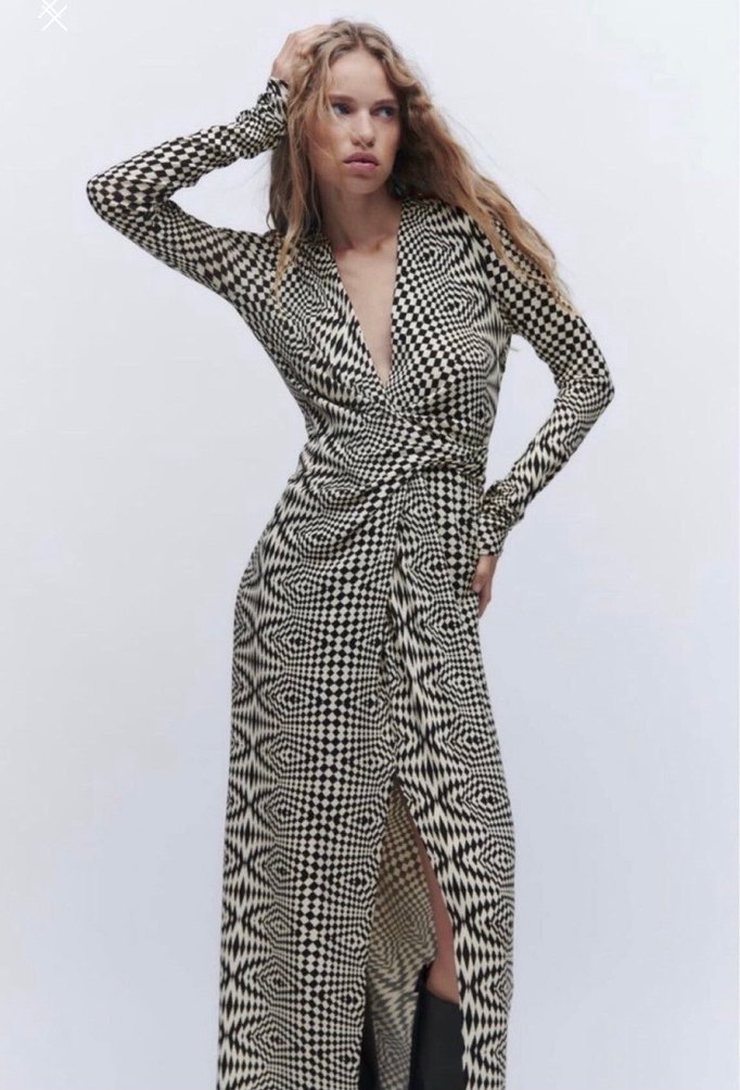 Zebra Desenli Uzun V Yakalı Drapeli Elbise - Görsel 2