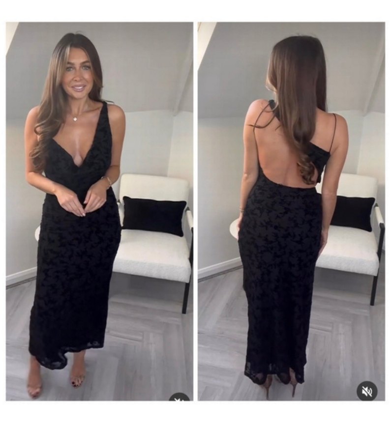 Siyah Yılan Desenli Uzun V Yaka Elbise - Görsel 2