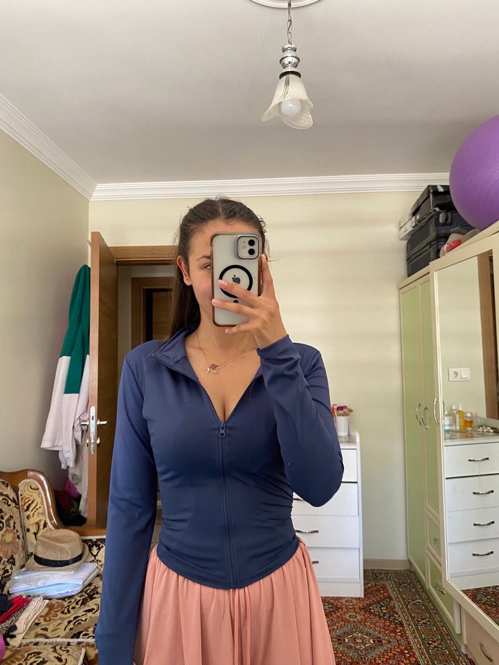 Dar kesim normal boy lacivert range mom spor ceketi - Görsel 3