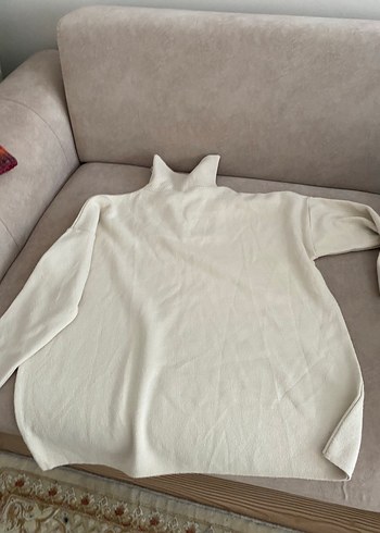 Bej Yüksek Yakalı Uzun Kollu Keten Kazak - Görsel 2