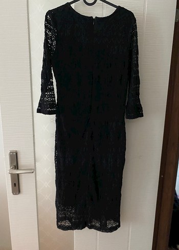 Dantel Detaylı Siyah Uzun Kollu Triko Elbise - Görsel 6