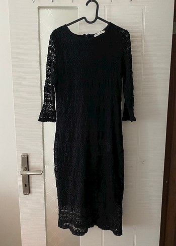 Dantel Detaylı Siyah Uzun Kollu Triko Elbise - Görsel 8