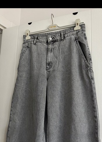 xl Beden gri Renk Gri Bel Detaylı Geniş Kesim Kadın Kot Pantolon