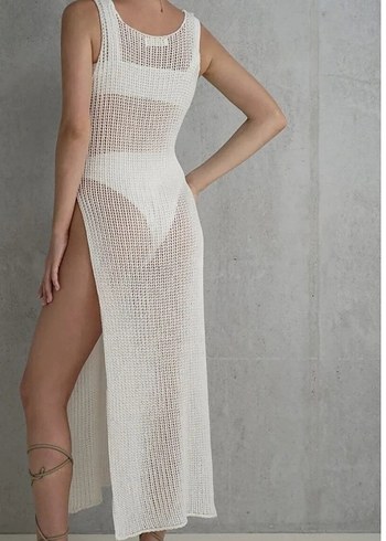 Diğer bikini üstü Beyaz Triko V Yaka Uzun Elbise