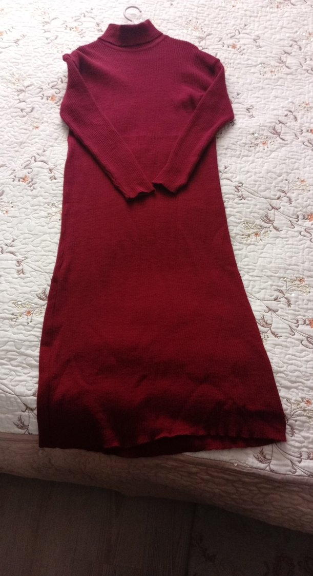 Bordo Bohem Boğazlı Triko Elbise - Görsel 3