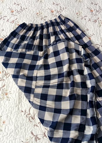 Mavi Gri Kareli Midi Pamuk Etek - Görsel 3