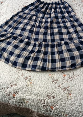 Mavi Gri Kareli Midi Pamuk Etek - Görsel 2