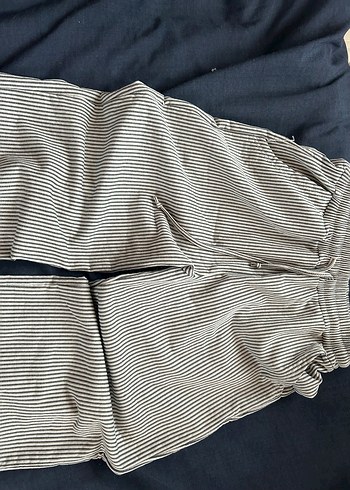 Gri Çizgili Keten Pilili Rahat Kesim Kadın Pantolon - Görsel 3