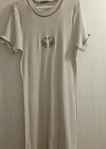 Kısa Kollu Beyaz Midi Triko Elbise - Görsel 3