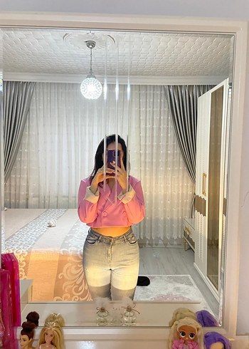 s Beden Pembe Mini Denim Kadın Blazer