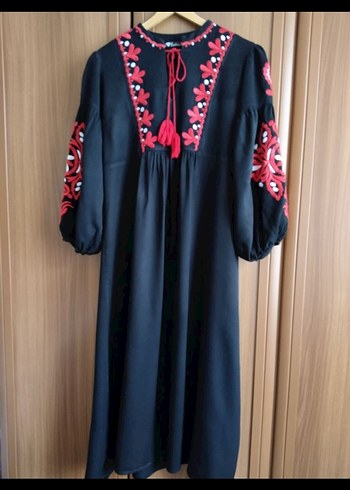 Fashion Nakışlı Siyah Bohem Uzun Elbise S beden