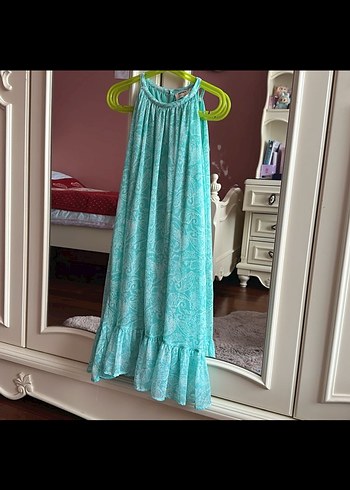 Turkuaz Kolsuz Bohem Kız Elbisesi - Görsel 4