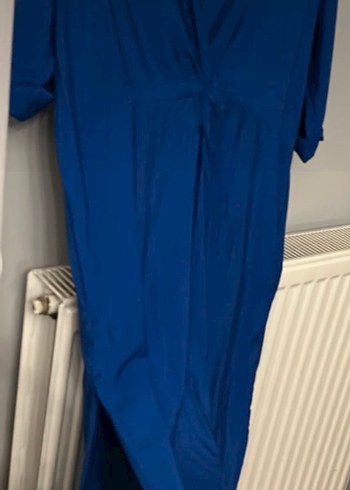 Mavi V Yaka Uzun Salaş Elbise - Görsel 3