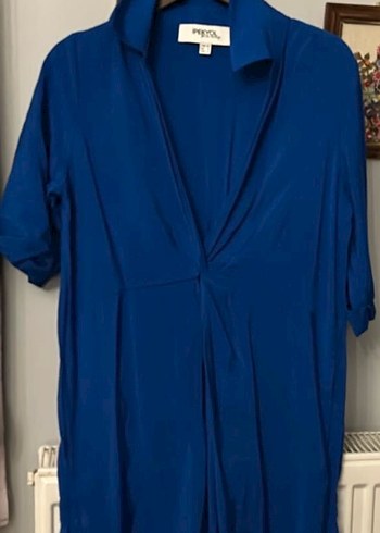 Mavi V Yaka Uzun Salaş Elbise - Görsel 2