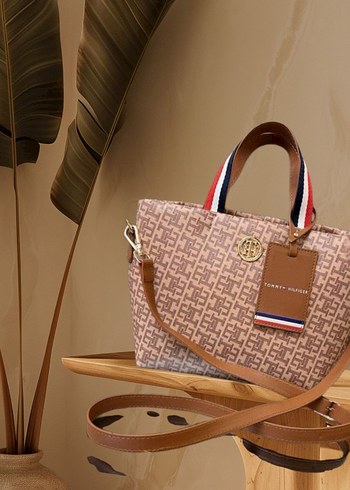 Tommy Hilfiger Desenli Kahverengi Deri Kadın Çanta