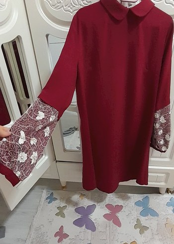 Bordo Dantel Detaylı Midi Tunik - Görsel 2