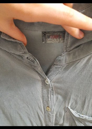 Gri Düğmeli Uzun Kollu Keten Kadın Gömlek tunik - Görsel 2