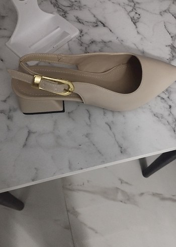 Bej Kemerli Blok Topuklu Kadın Abiye Ayakkabı - Görsel 2