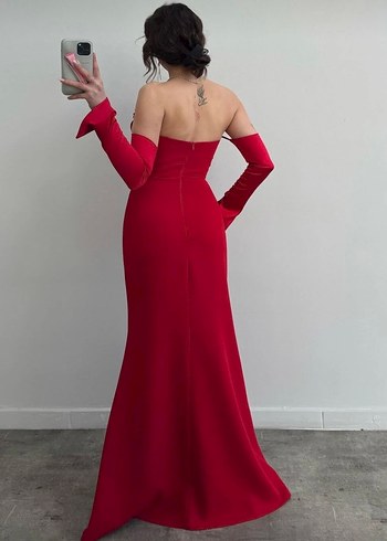 Kırmızı Drapeli Uzun Abiye Elbise - Görsel 3