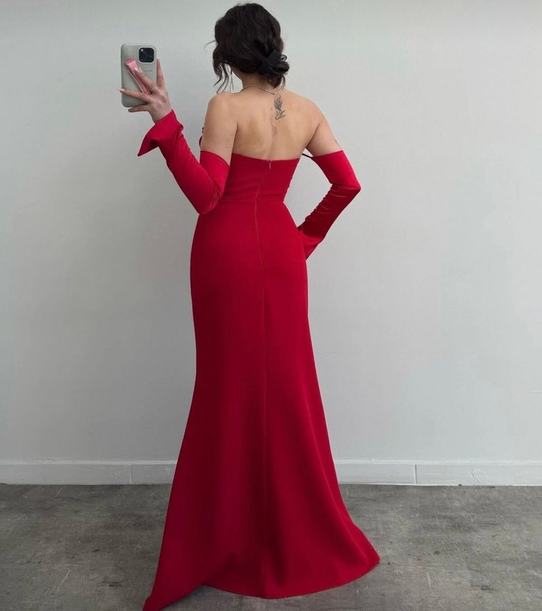 Kırmızı Drapeli Uzun Abiye Elbise - Görsel 3
