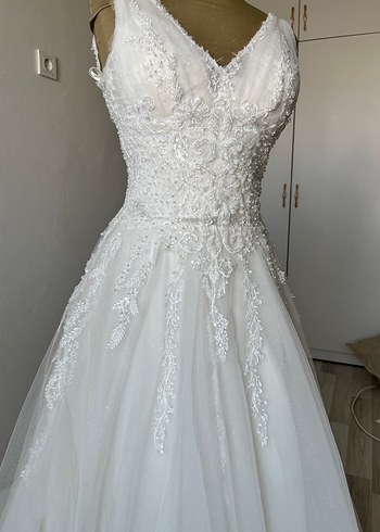 V Yaka Kolsuz A Kesim Beyaz Gelinlik - Görsel 8