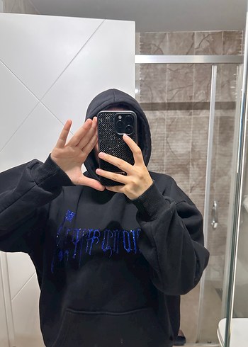m Beden Siyah Payetli Street Style Kadın Sweatshirt