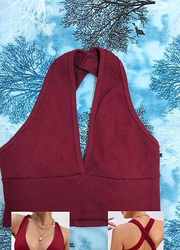 Bordo crop top v yaka sırtı çarpraz