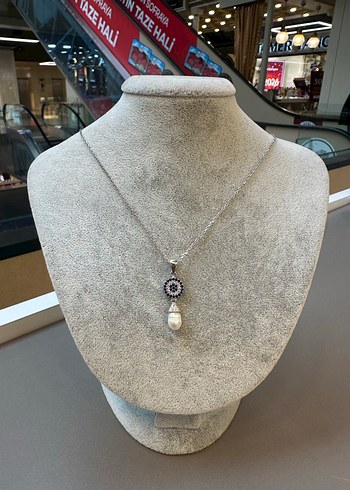 925 ayar nazar boncuklu ve inci sarkıtlı gümüş kolye - Görsel 3