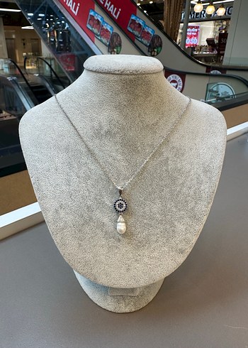 925 ayar nazar boncuklu ve inci sarkıtlı gümüş kolye - Görsel 2