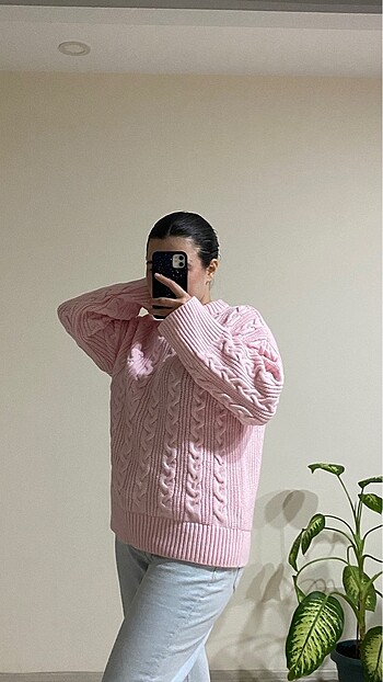 l Beden pembe Renk Madmext Pembe Bisiklet Yaka Örme Triko Kazak