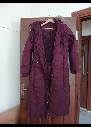 Bordo Kürklü Uzun Kadın Kışlık Mont