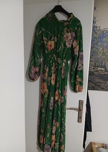 Yeşil Çiçek Desenli Şifon Uzun Bohem Elbise - Görsel 3