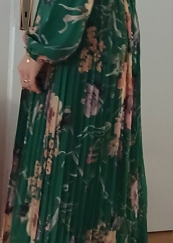 Yeşil Çiçek Desenli Şifon Uzun Bohem Elbise - Görsel 5