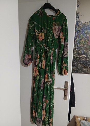 Yeşil Çiçek Desenli Şifon Uzun Bohem Elbise - Görsel 4