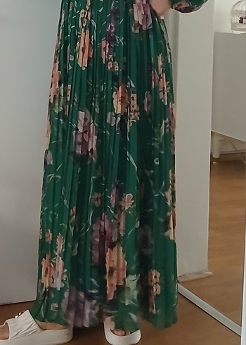 Yeşil Çiçek Desenli Şifon Uzun Bohem Elbise - Görsel 2