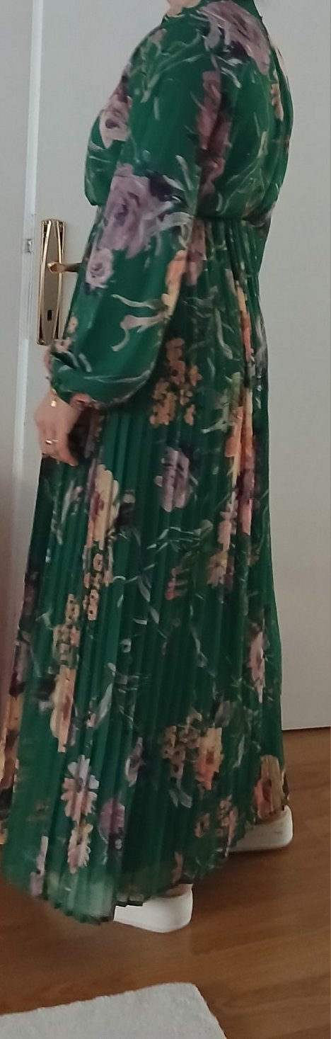 Yeşil Çiçek Desenli Şifon Uzun Bohem Elbise - Görsel 5