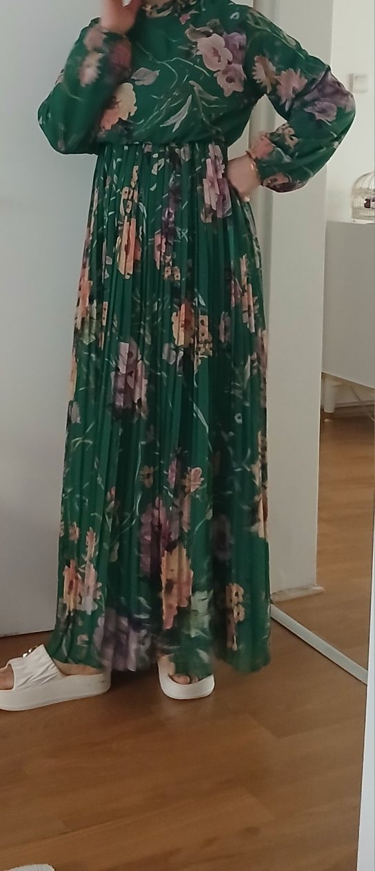 Yeşil Çiçek Desenli Şifon Uzun Bohem Elbise - Görsel 2