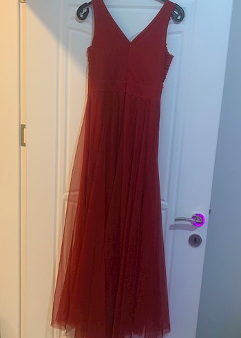 Kırmızı Uzun V Yaka Abiye Elbise - Görsel 3