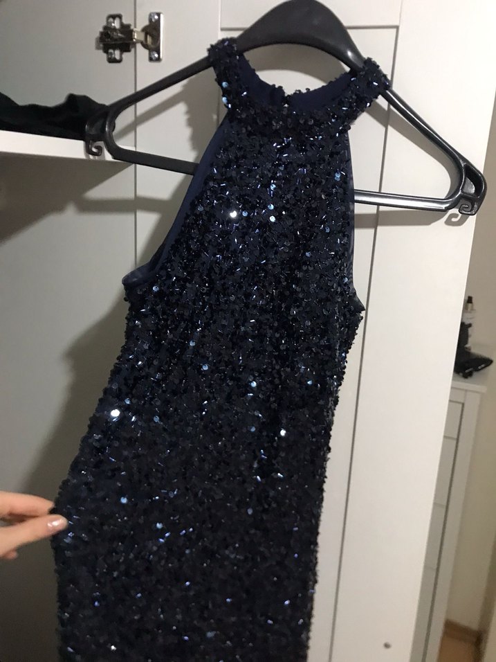 Lacivert Payetli Uzun Abiye Elbise - Görsel 4