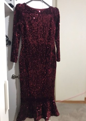 Bordo Parlak Uzun Abiye Elbise - Görsel 3