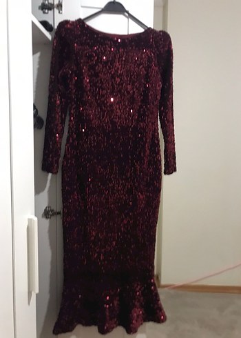 Bordo Parlak Uzun Abiye Elbise - Görsel 4