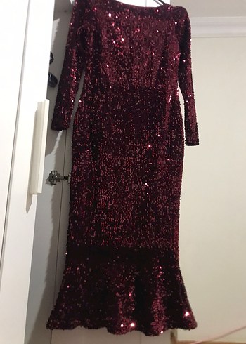 Bordo Parlak Uzun Abiye Elbise - Görsel 5