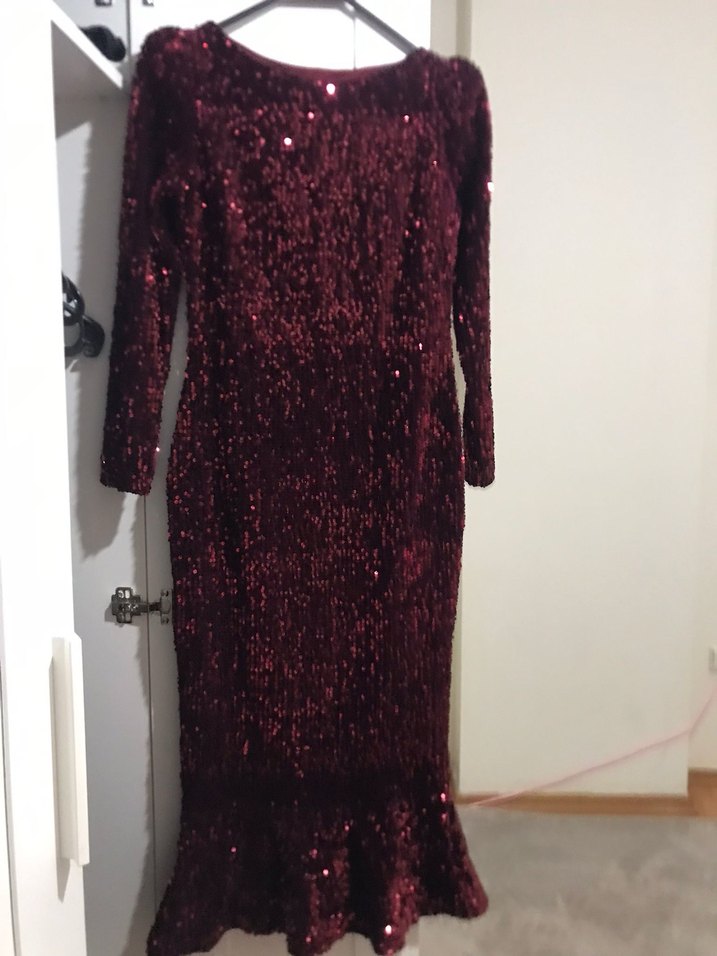 Bordo Parlak Uzun Abiye Elbise - Görsel 3