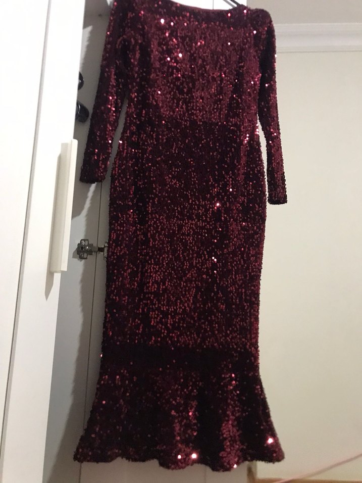 Bordo Parlak Uzun Abiye Elbise - Görsel 5