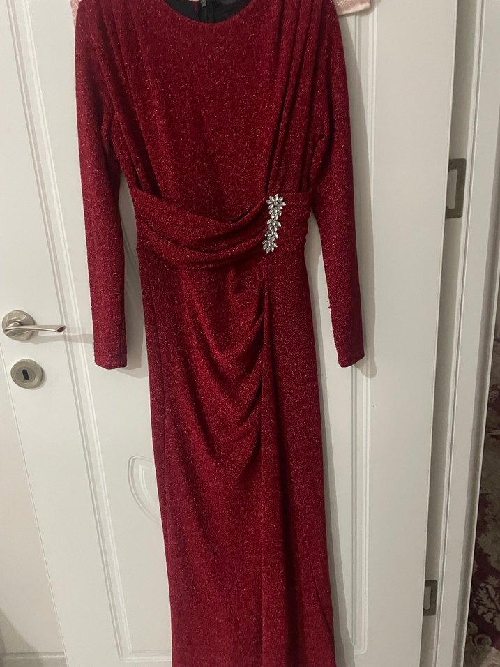 Bordo Drapeli Uzun Abiye Elbise - Görsel 2