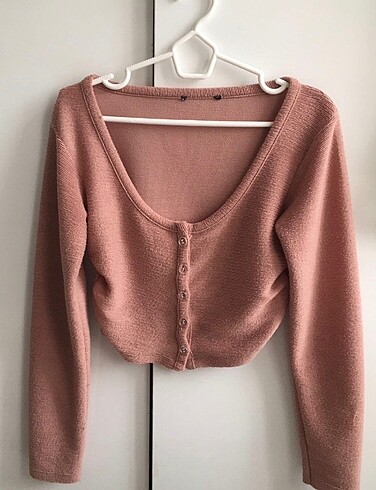 pembe crop drapeli hırka